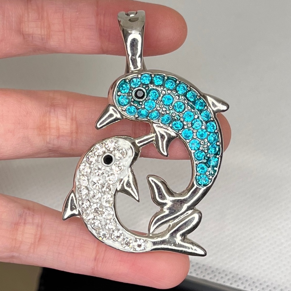 Silver dolphin pendant with blue crystal stones magnetic buckle #dolphinlove